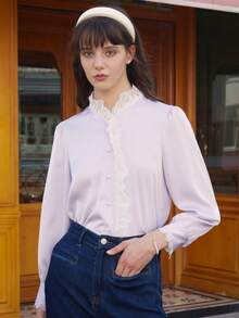 Simple Retro Contrast Lace Button Front Shirt - Mauve Purple - View 5