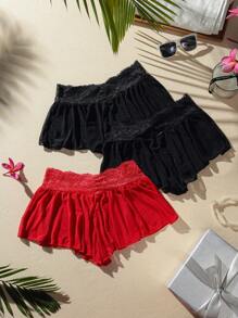 SHEIN 3 Piezas Lencería De Tanga Con Encaje De Contraste Y Adorno De Volantes De Malla Superpuesta - Multicolor - Ver 6