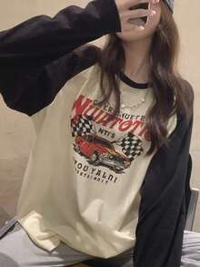 Áo thun tay raglan phối màu tương phản, in chữ, kiểu dáng thường ngày, thích hợp cho mùa xuân. - Màu be - Xem 5