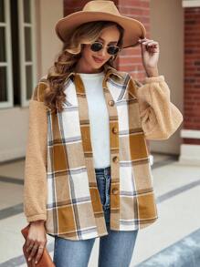 SHEIN LUNE 格紋印花落肩袖毛絨面板外套 - 彩色 - 查看 4