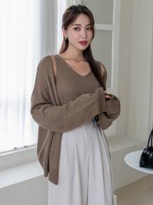 DAZY 落肩袖開襟開衫&針織背心上衣 - 摩卡棕 - 查看 9