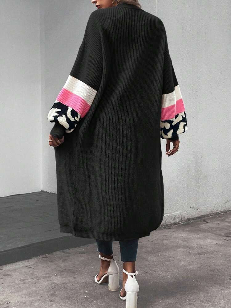 Colorblock Drop Shoulder Duster Cardigan,Long Sleeve Tops Fall Winter Cloth For Women