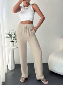 RueChic Elastic Waist Slant Pocket Straight Leg Pants - Apricot - View 3