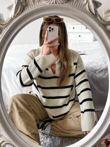 Flirla 加大码条纹图案落肩针织套头衫秋冬毛衣 - 杏色 - 查看 8