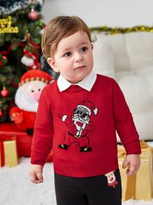 SHEIN Baby Boy Christmas Santa Claus Print Sweater Without Shirt - Red - View 5