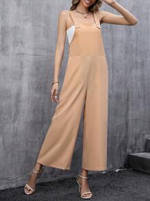 SHEIN LUNE 素色闊腿背帶連身褲不附抹胸 - 米色 - 查看 5