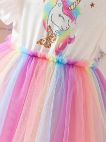 SHEIN Glamorique Kids Vestido De Malla Con Adornos De Volantes Y Estampado De Unicornio Para Niñas - Multicolor - Ver 5