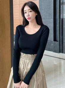 DAZY Chất rắn Scoop Cổ Áo len - màu đen - Xem 4