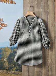 EMERY ROSE 格子圖案半排扣捲邊袖襯衫 - 黑與白 - 查看 3