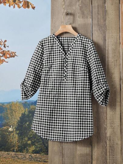 Rusticease Bluse mit Gingham Muster, halber Knopfleiste, gerollten Ärmeln,