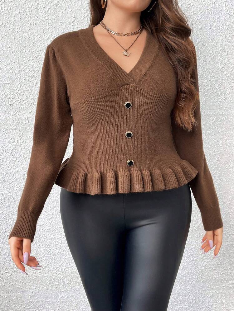 Plus Button Front Ruffle Hem Sweater Knit Pullover Fall Winter Sweater