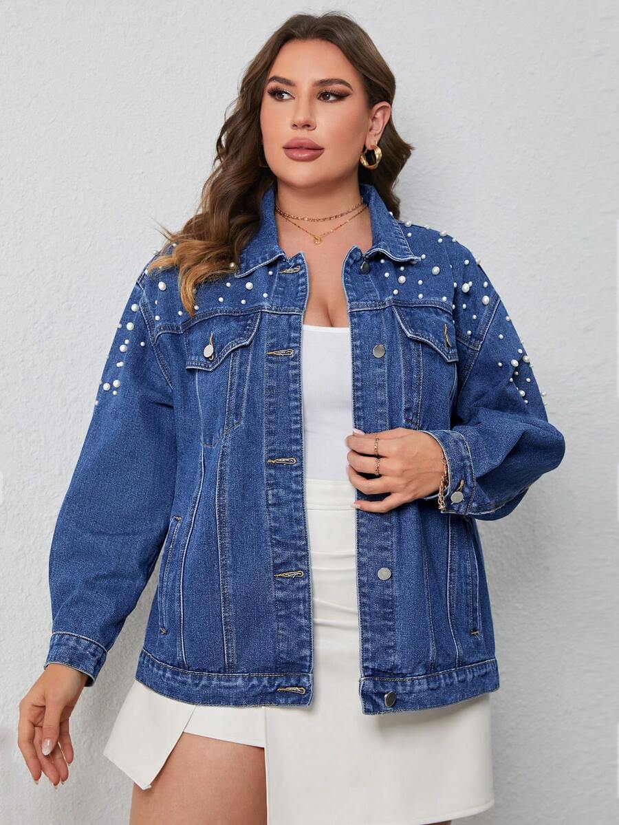 SHEIN Essnce Plus Pearls Beaded Drop Shoulder Denim Jacket - Medium Wash - View 1