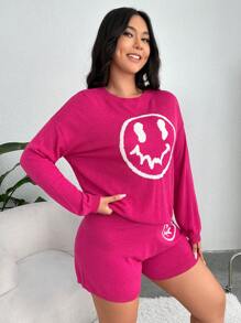 SHEIN EZwear Plus Expression Pattern Drop Shoulder Sweater & Knit Shorts - Hot Pink - View 5