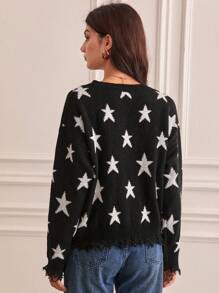 SHEIN Frenchy 星星圖案仿舊邊落肩袖套頭毛衣 - 黑色 - 查看 2