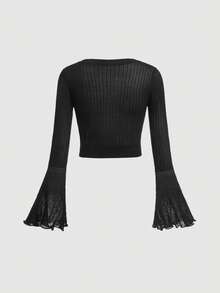 SHEIN MOD Suéter liso con cuello en V y manga acampanada - Negro - Ver 2