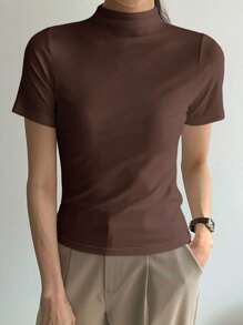 DAZY Solid Mock Neck Tee - Brown - View 3
