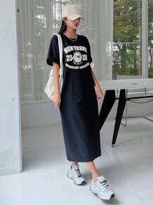 DAZY 字母图案落肩 T 恤连衣裙太阳裙 - 藏蓝色 - 查看 4