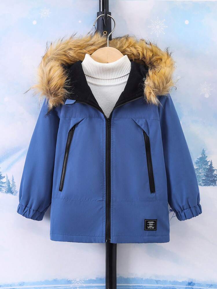 Young Boy Letter Patched Detail Fuzzy Trim Hooded Thermal Lined Coat Without Sweater