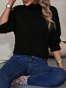 Pulover cu guler rotund, tricot cablu, cu umeri - Negru - Vizualizare 1