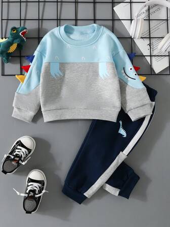 Young Boy Cartoon Graphic Pullover & Contrast Side Seam Sweatpants
