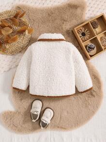 Baby Girl Contrast Binding Dual Pocket Teddy Coat - White - View 2