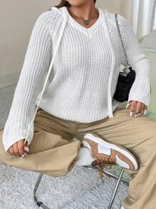 SHEIN Unity Pull tricoté côtelé unicolore, pull-over tricoté pour l'automne et l'hiver - Blanc - Voir 3