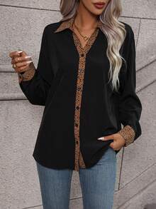 SHEIN LUNE Viền tương phản Thả vai Áo sơ mi - màu đen - Xem 5