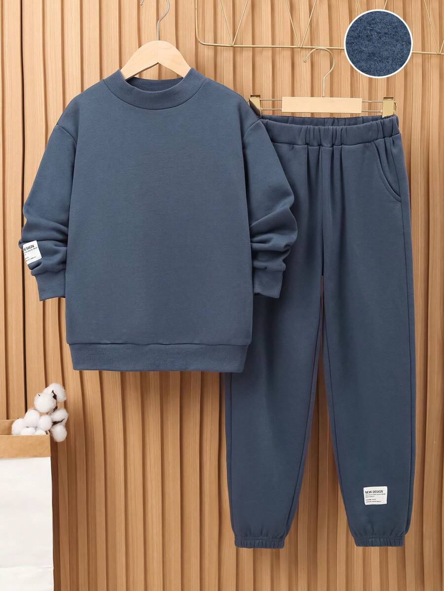 SHEIN Tween Boy Letter Patched Thermal Lined Pullover & Sweatpants - Dusty Blue - View 1