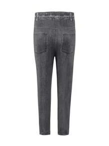 SHEIN Young Girl Casual Ripped Digital Print Long Pants Suitable For Autumn Outings. - Black - View 2