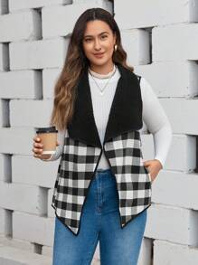 SHEIN LUNE 大碼格紋印花毛絨內襯大翻領外套馬甲 - 黑與白 - 查看 4