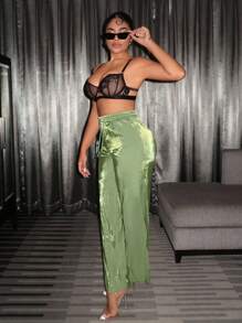 SHEIN SXY Drawstring Waist Wide Leg Pants - Green - View 4