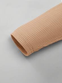 SHEIN Leap Crew Áo thun polo dệt kim cổ tròn màu trơn cho bé trai tuổi mới lớn có vạt nửa và tay dài, áo phông nửa nút màu trơn - Màu be - Xem 4