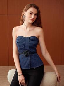 MOTF PREMIUM STRAPLESS ROSETTE BELTED DENIM TOP - Dark Wash - View 8