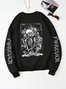 SHEIN EZwear 骷髅頭圖案加絨內裏運動衫 - 黑色 - 查看 1