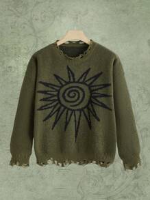ROMWE Hippie Suéter roto con patrón de sol - Verde militar - Ver 1