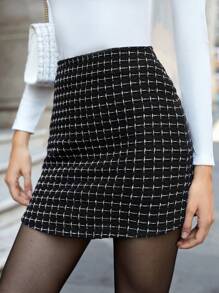 SHEIN Cottnline In kẻ sọc Chi tiết Nút Váy bodycon - màu đen - Xem 5