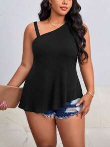 SHEIN LUNE Plus Asymmetrical Neck Peplum Top - Black - View 1