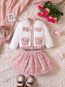 Baby Girl Plaid Print Flap Detail Jacket & Skirt - Pink - View 3