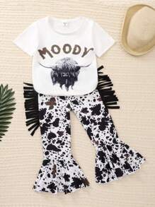 SHEIN Young Girl Cow & Letter Graphic Tee & Ruffle Hem Flare Leg Pants Summer Holiday - Black and White - View 1