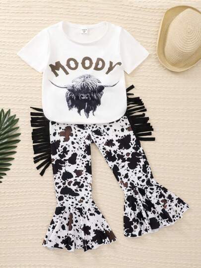 SHEIN Chica Joven Camiseta con estampado de vaca y letra & Pantalones acampanados bajo con fruncido