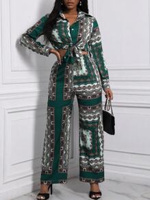 VaVaBold Scarf Print Shirt & Wide Leg Pants - Green - View 1