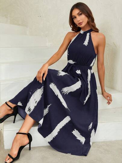 SHEIN Clasi Brush Print Halter Neck Belted Dress