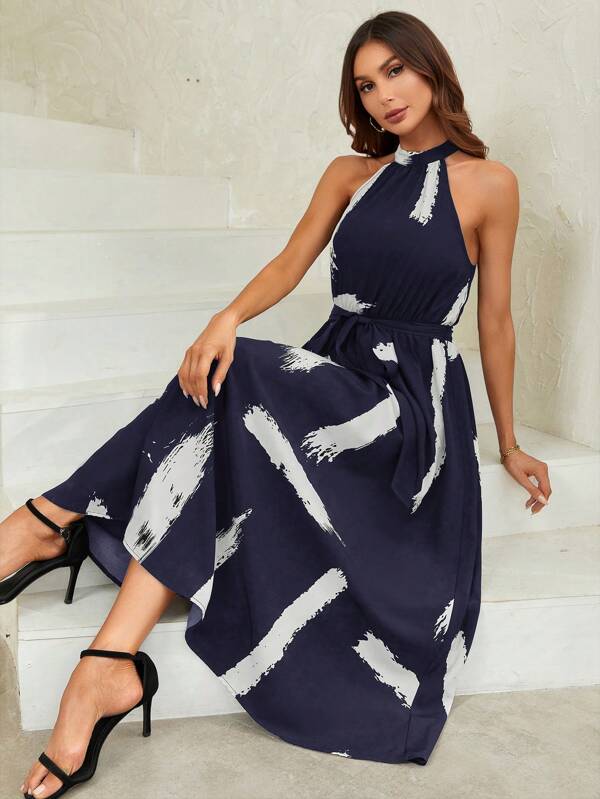 SHEIN Clasi Brush Print Halter Neck Belted Dress