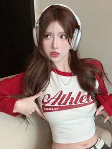 Atasan Crop Lengan Raglan Warna Kontras Wanita, Kaos Pas Badan Leher Bulat Kasual Musim Semi - Red and White - View 4