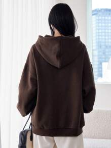 Dazy-Less Drop Shoulder Drawstring Hoodie,Long Sleeve Tops,Fall Women Clothes Sweatshirt - Coffee Brown - View 5