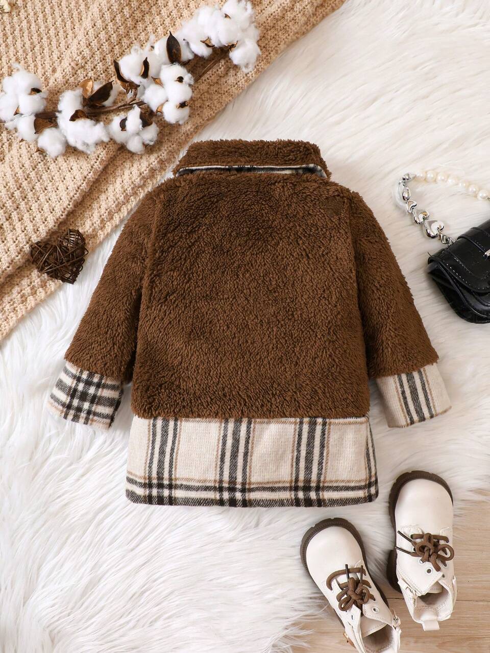 Baby Girl Plaid Panel Flap Pocket Flannel Coat