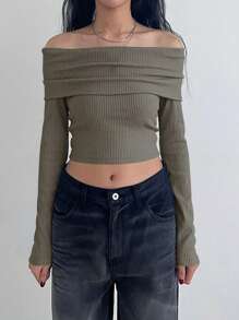 DAZY Foldover Off Shoulder Crop Tee Long Sleeve Women Tops - Green - View 4