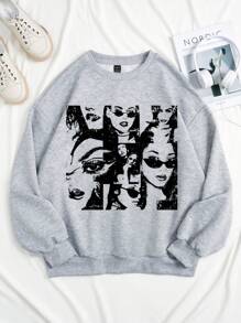 SHEIN EZwear 休闲肖像印花图案圆领宽松女式运动衫、长袖上衣 - 淺灰色 - 查看 1