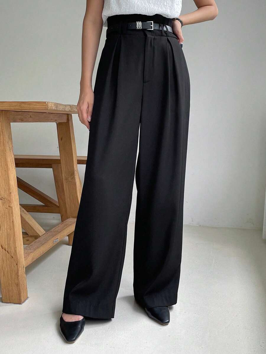 DAZY Plicated Detail Wide Leg Suit Pants - Black - View 1