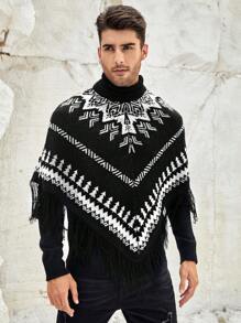 GENTILAND Men Geo Pattern Fringe Trim Turtleneck Knit Poncho - Black and White - View 1